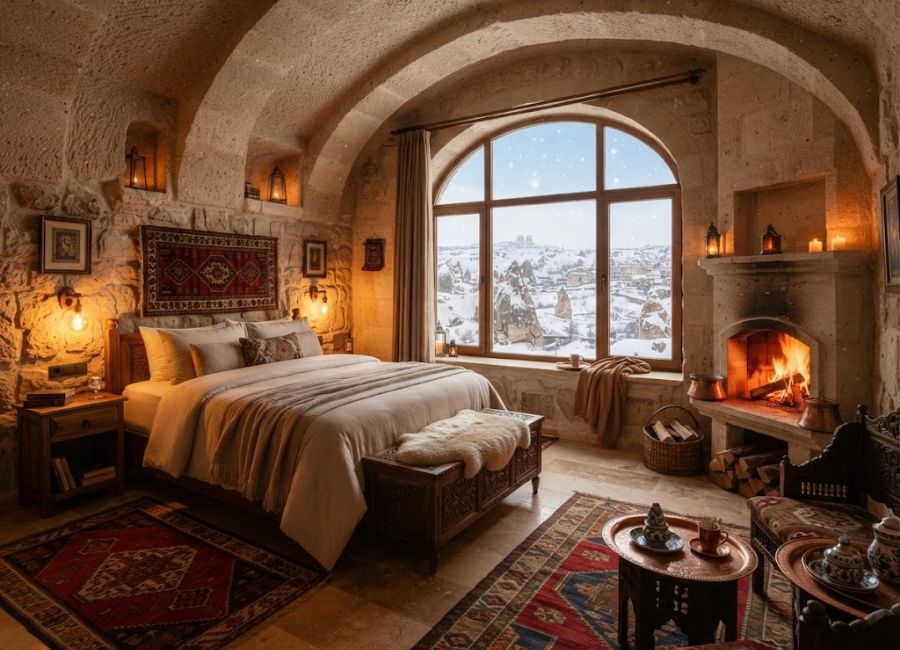 Cozy cave hotel room in Cappadocia during winter