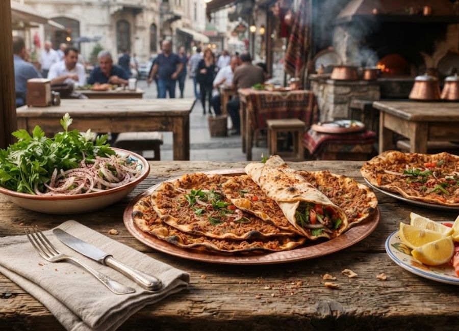 Fresh Turkish lahmacun with parsley and lemon