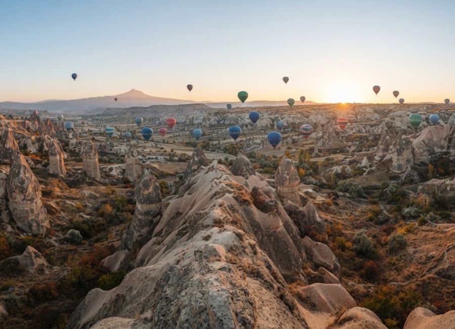 Cappadocia in October with hot air balloons and autumn landscape