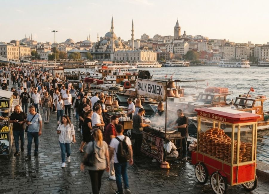 Istanbul street food scene near Eminönü and Galata Bridge