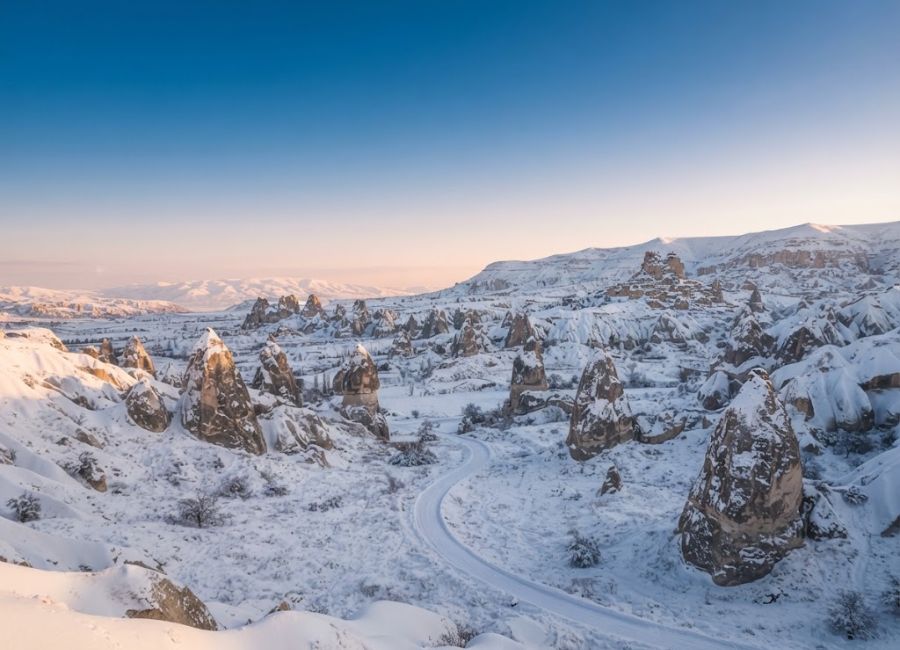 Snow-covered Cappadocia valleys in winter