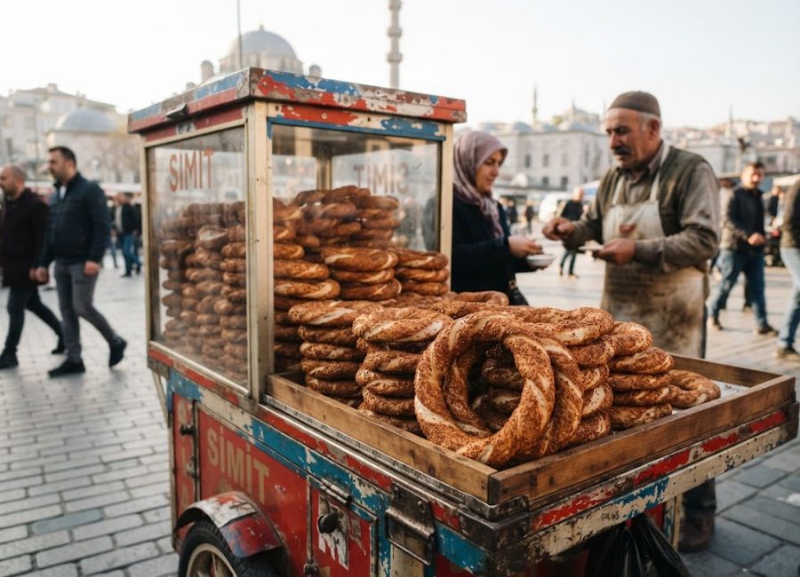 Fresh Turkish simit on a street cart in Istanbul