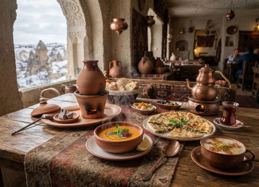 Traditional Turkish food and hot drinks in Cappadocia