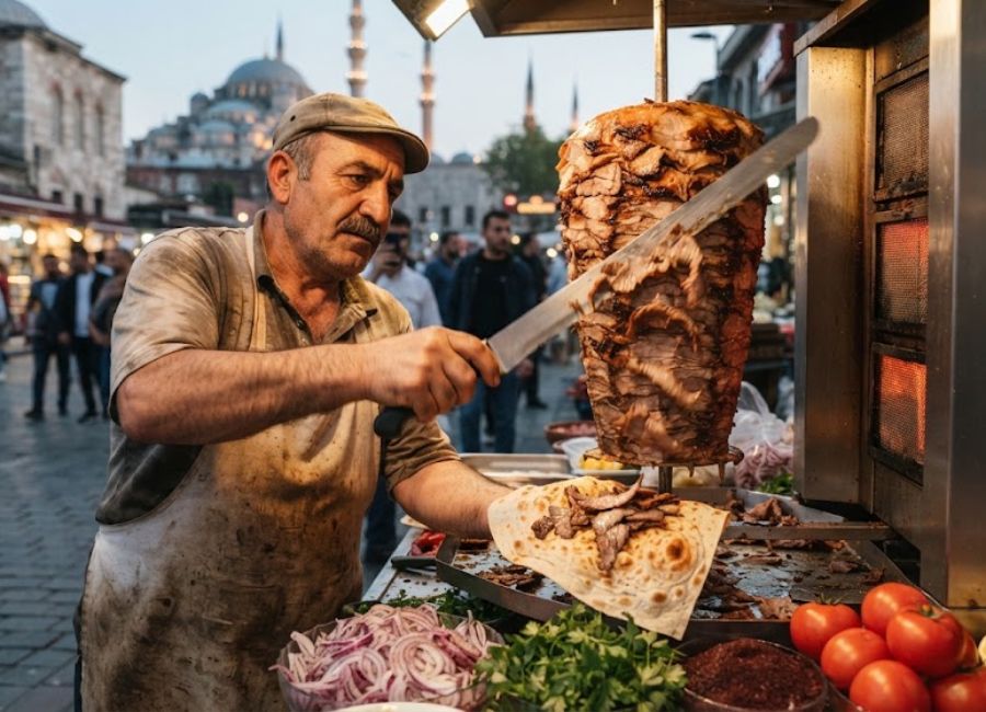 Turkish döner kebab being sliced from a rotating spit