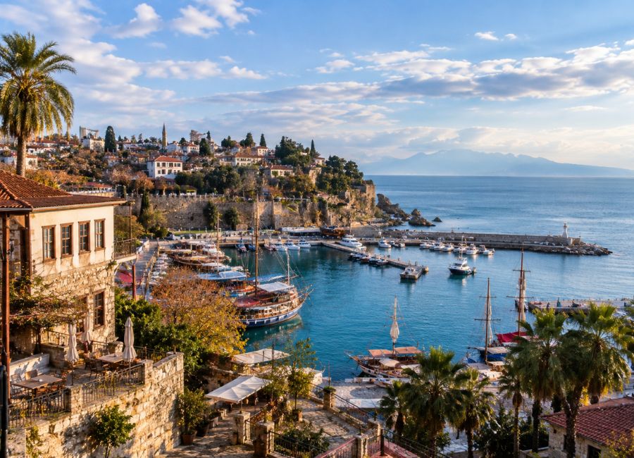 Antalya's historic harbor and Mediterranean coastline in December