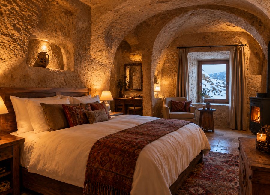 Cosy cave hotel room in Cappadocia with warm lights