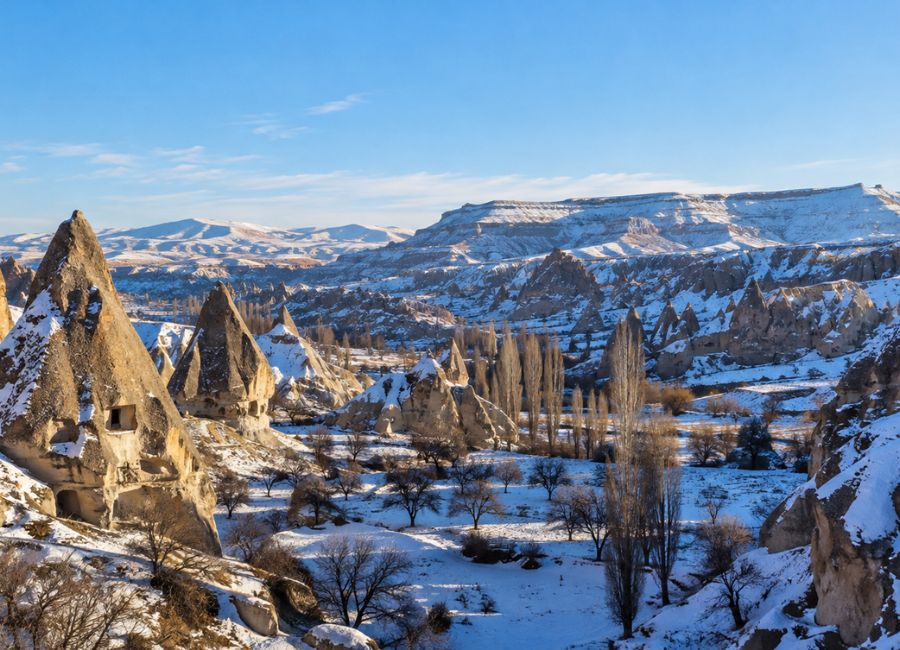 Cold winter day over a snowy Cappadocia valley