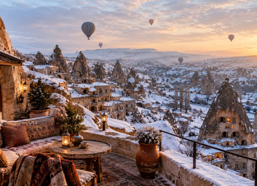 Snow-covered fairy chimneys and cave houses in Cappadocia during winter