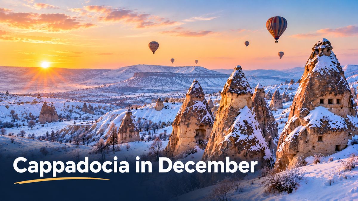 Snow-covered fairy chimneys in Cappadocia in December at sunrise