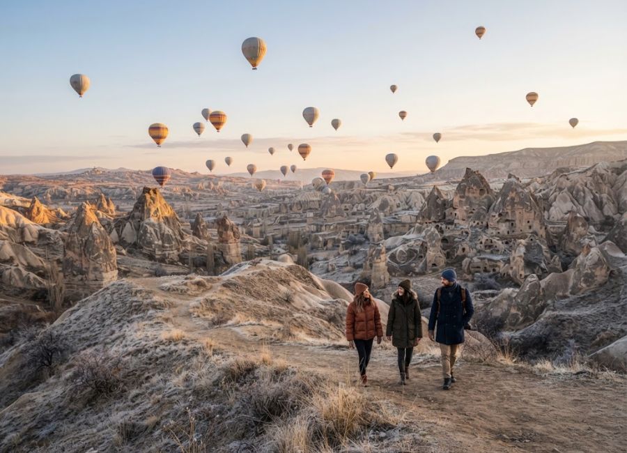 Cappadocia in November with hot air balloons over fairy chimneys