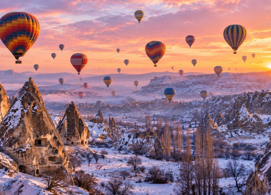 Hot air balloons rising over snowy Cappadocia at dawn