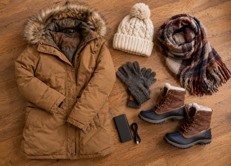 Winter coat, boots and gloves laid out for a Cappadocia trip