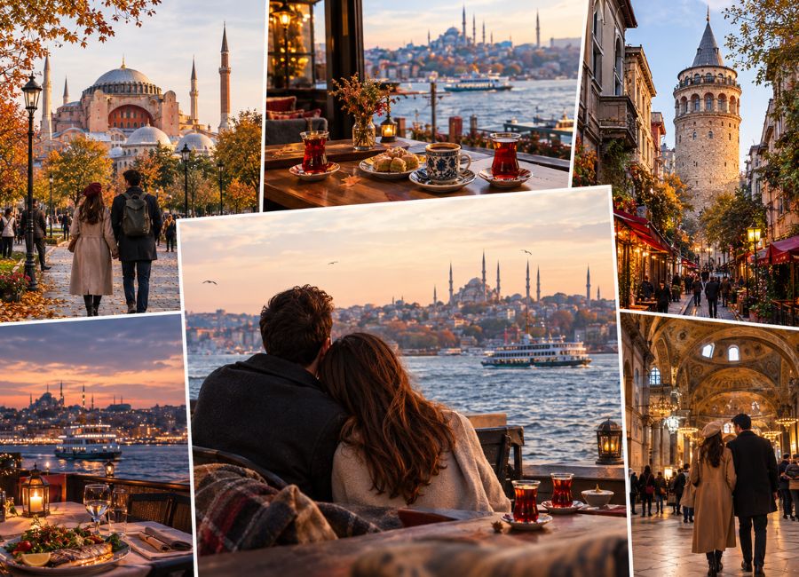 Istanbul in November with a couple enjoying Bosphorus views, autumn streets, cafés, and romantic city sights.