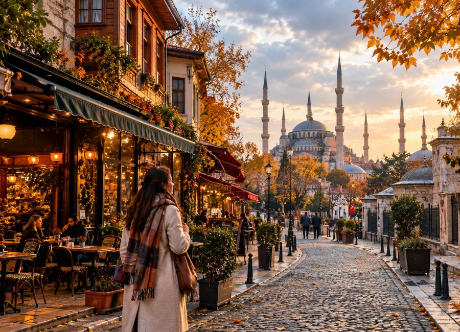 Travelers exploring Istanbul on a cool November day