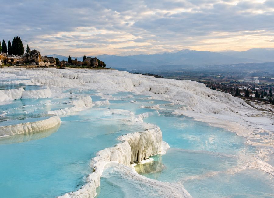 White travertine terraces of Pamukkale in Turkey during winter