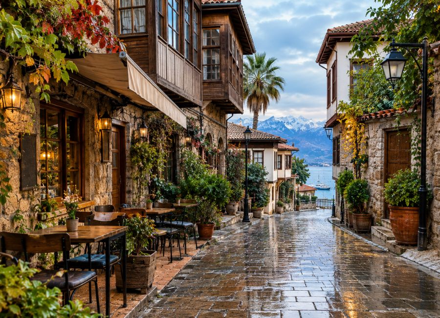 Quiet stone street in Antalya’s old town Kaleici after winter rain