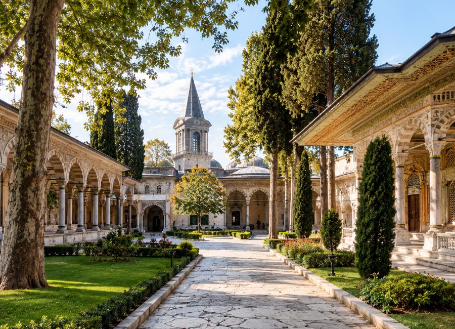 Second Courtyard pathway and historic buildings at Topkapi Palace