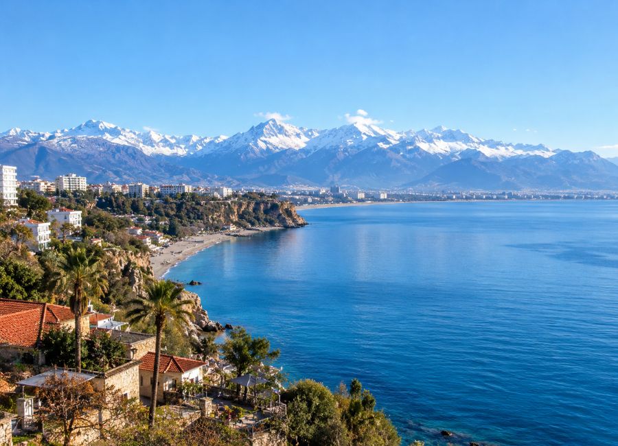 Antalya in winter: snow-capped mountains behind the coast in January