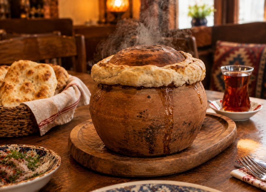 Testi kebab served in a clay pot at a Cappadocia restaurant