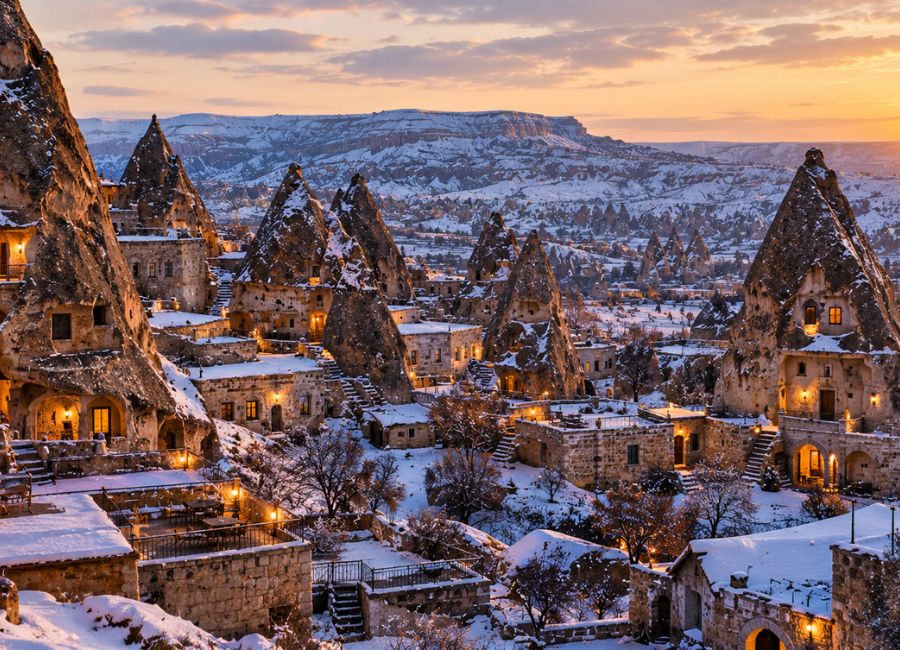 Cave houses and rock towers in Göreme dusted with snow