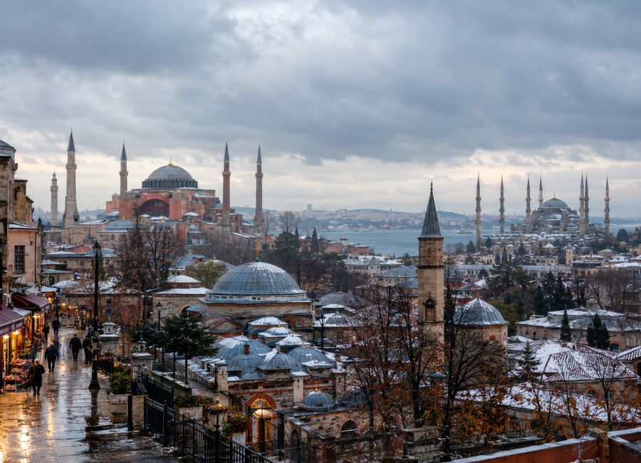 Winter weather and light snowfall around Istanbul's historic skyline