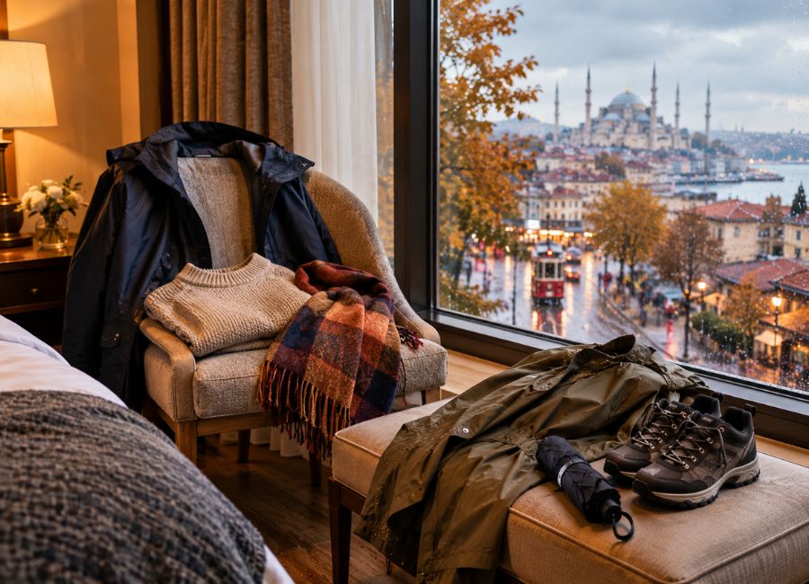 What to wear in Istanbul in November with jacket scarf and umbrella