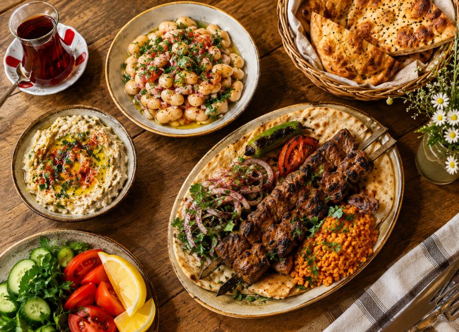 Traditional Antalya dishes including piyaz, kebab and Turkish tea